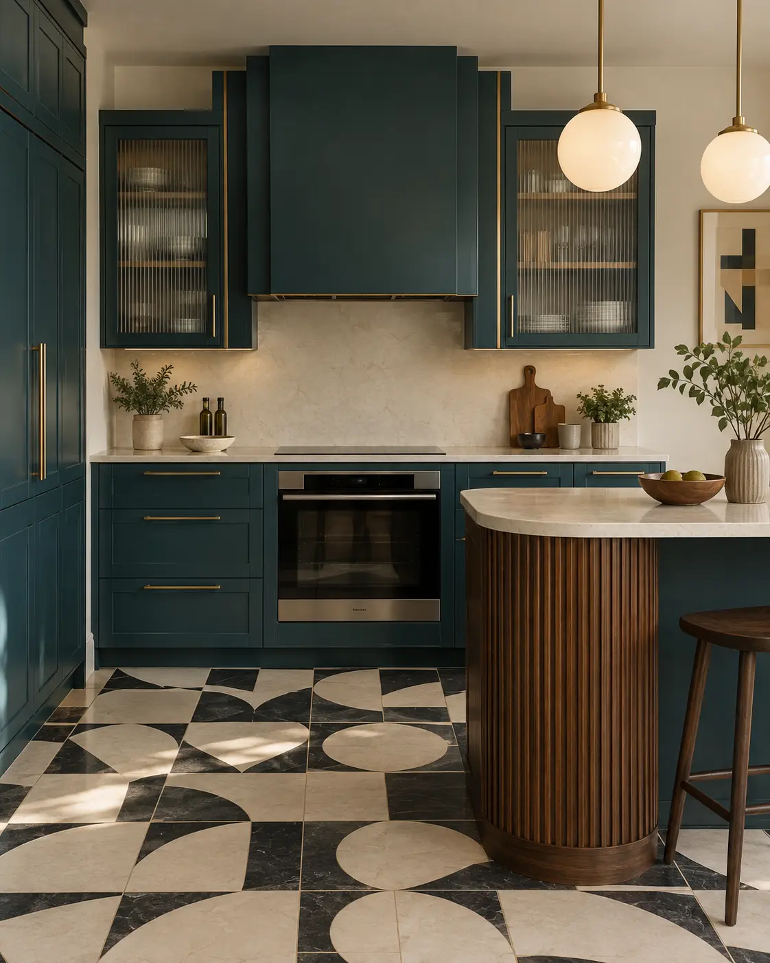 AI-generated Art Deco-inspired kitchen with teal cabinets, reeded glass, brass details and a curved fluted peninsula