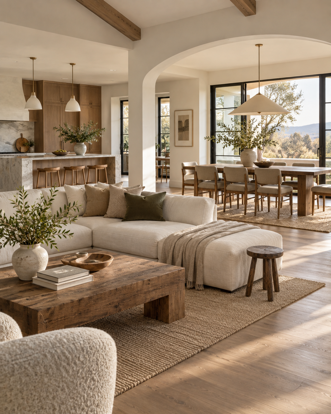 Warm open-plan interior with living room, dining area and wood-and-stone kitchen